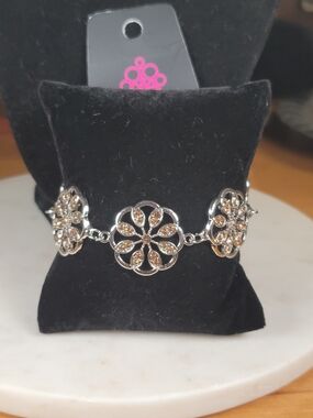Silver Floral Link Bracelet with Champagne Rhinestones